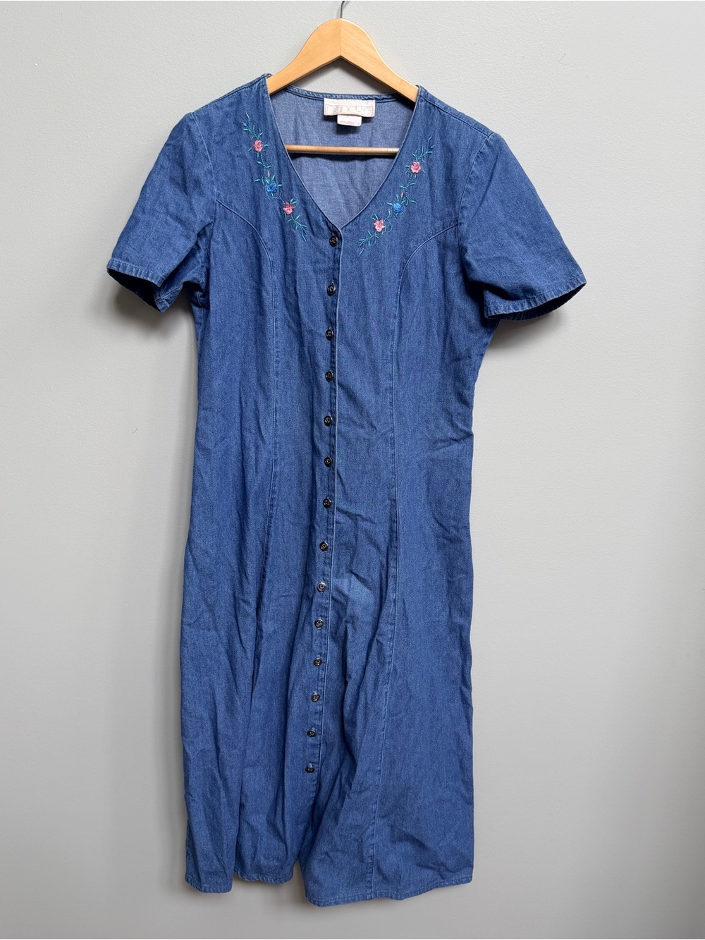 Women's Blue Denim Button-Front Dress with Embroidered Yoke Womens M/L